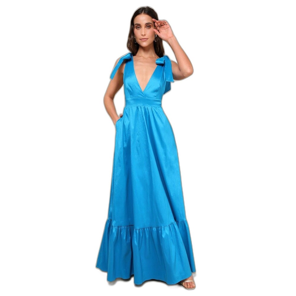 Lulus Rare Charm Teal Blue Taffeta Tie-Strap Maxi Dress Pockets XS